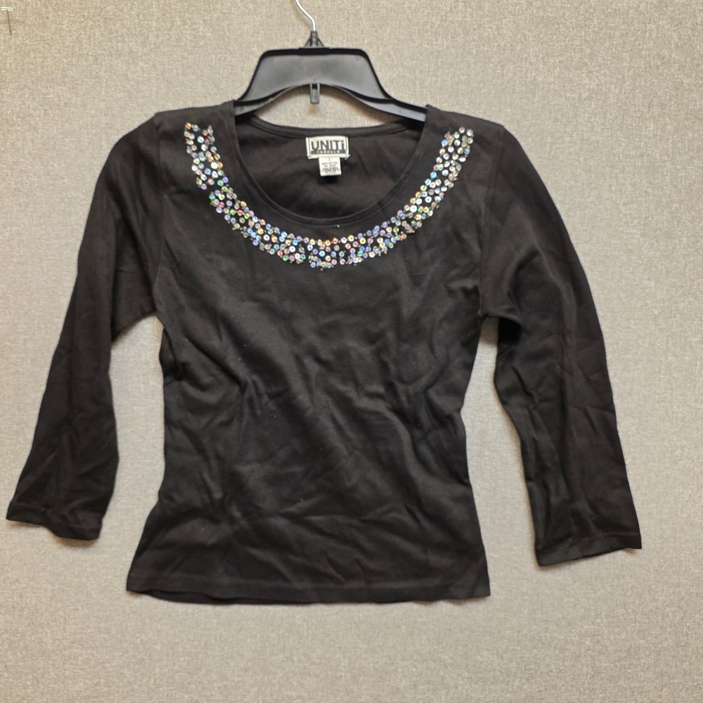 Boho VIntage Womens Black Sequin Scoop Neck Long Sleeve Cotton Top Small Y2K